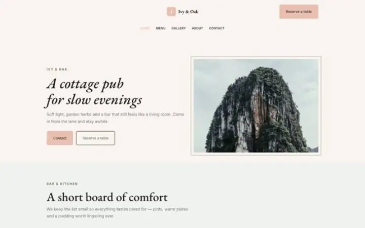 Exempel på temat Ivy & Oak för pub