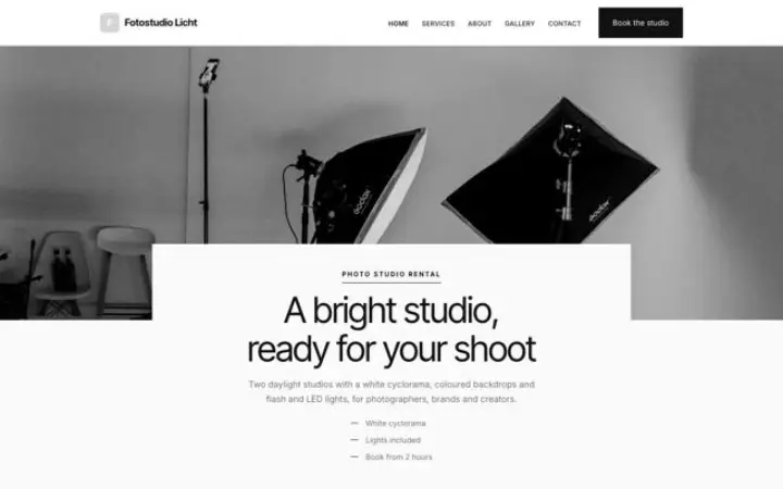 Webbplats för uthyrning av fotostudio